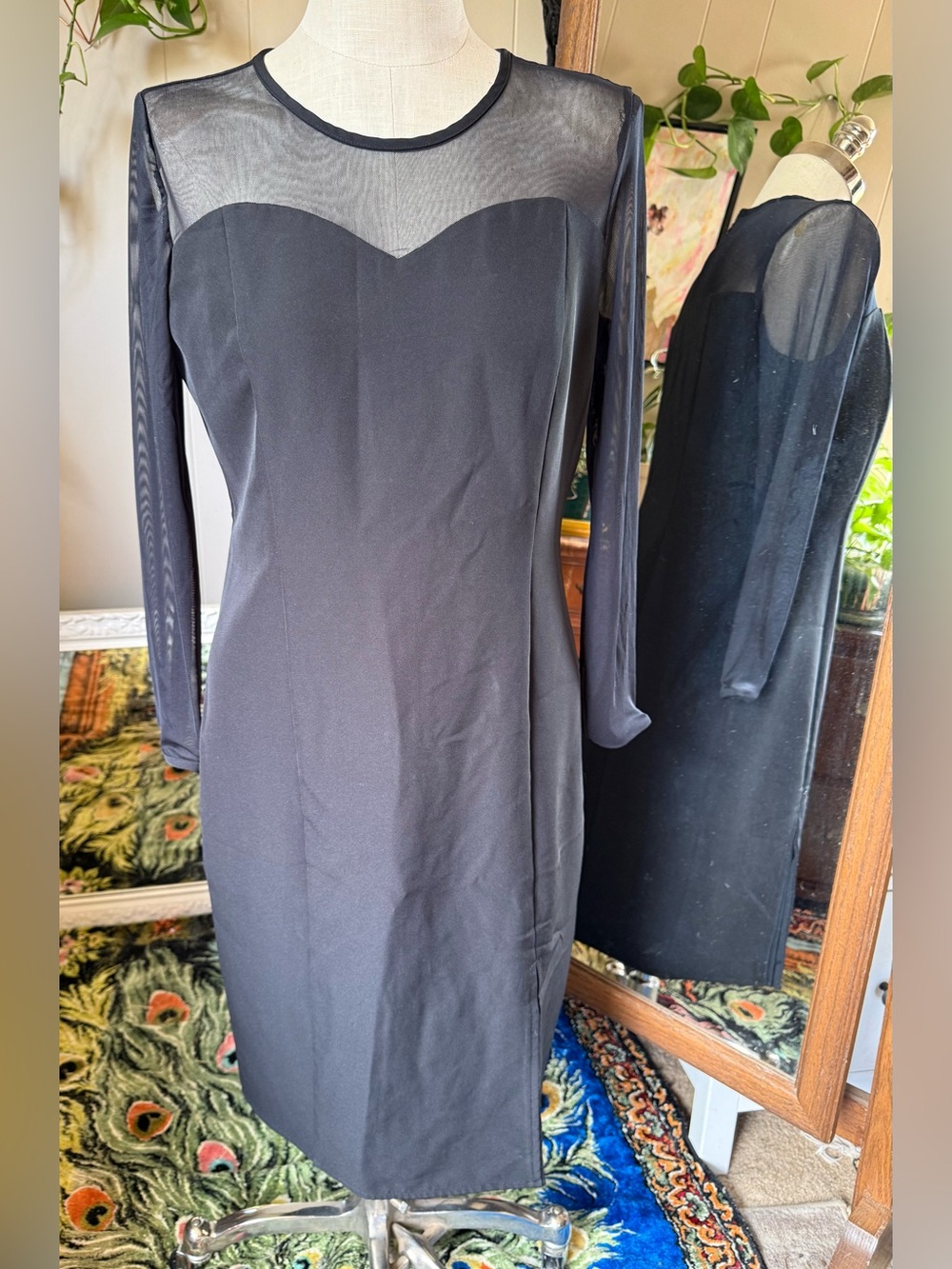 Tahari Black Sheer-Yoke Long Sleeve Sheath Dress, size 12